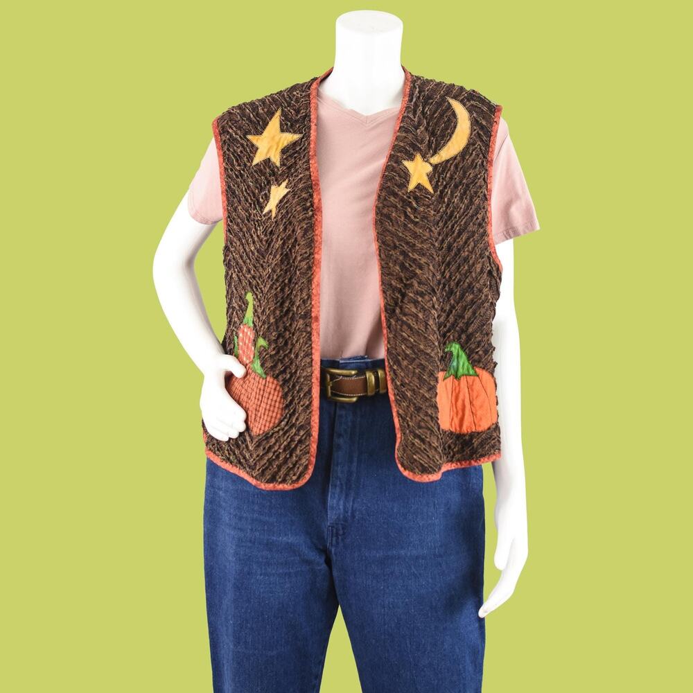 Vintage Handmade Brown Fall Pumpkins Vest Women's Plus Size